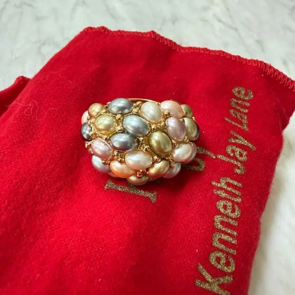 Kenneth Jay Lane vintage gold tone ring dome multi-colored faux pearls New sz 6